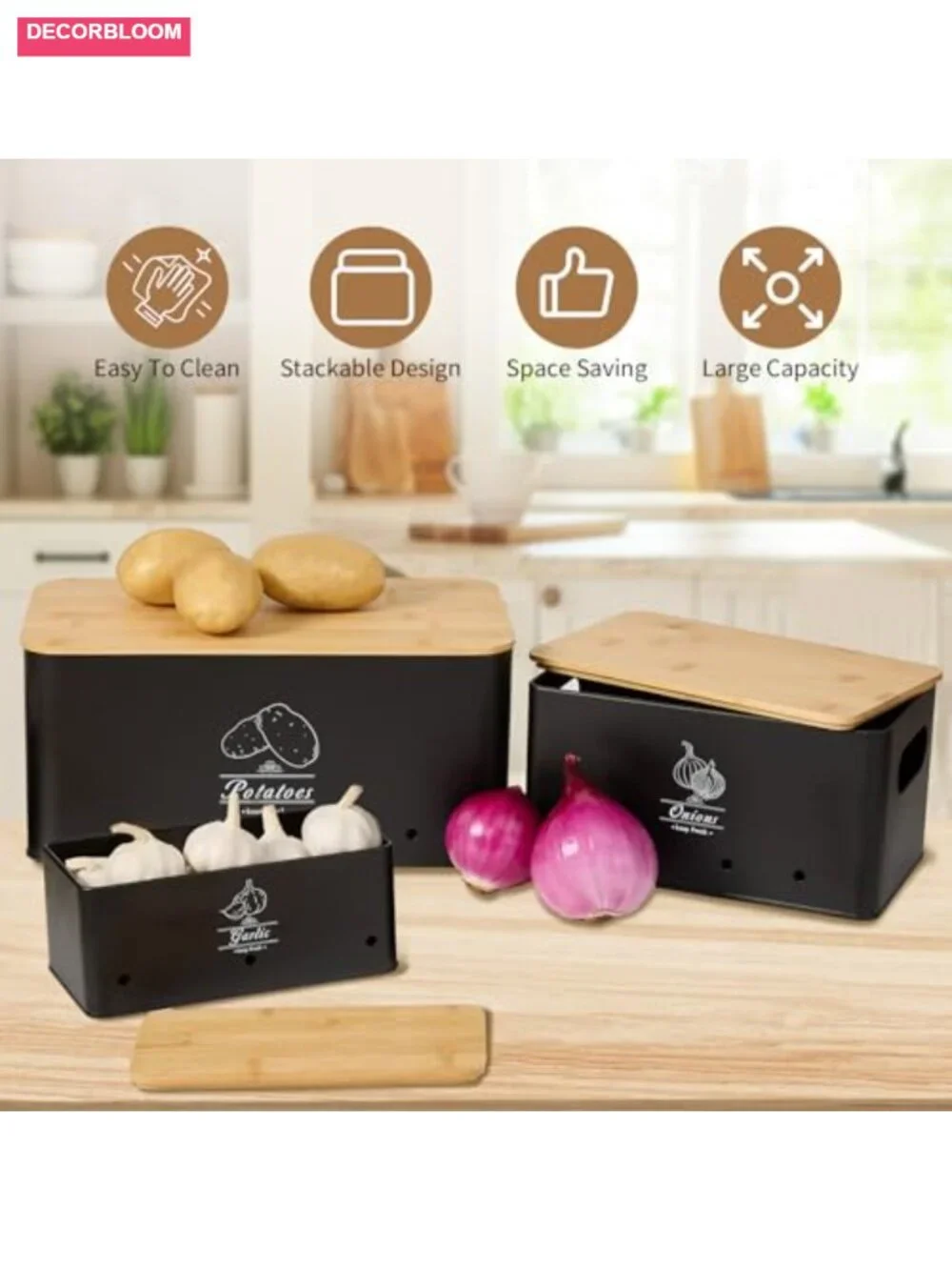 3-Piece Stackable Metal Vegetable Storage Set with Bamboo Lids
